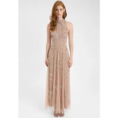 Beauut Embellished Sequin Beaded Maxi Dress With High Neckline With Sleeveless Design In Brown