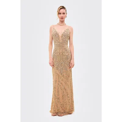 Beauut Embellished Sequin Maxi Dress With Trail In Brown
