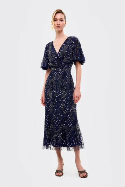 Beauut Embellished Sequins Flutter Sleeves Midi Dress In Blue