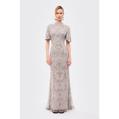 Beauut Embellished Sequins High Neck Dress In Gray