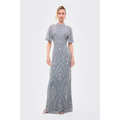 Beauut Embellished Sequins High Neck Gown In Gray