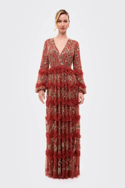 Beauut Embellished Sequins Maxi Ruffle Dress In Red