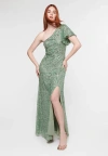 Beauut Embellished Sequin Beaded One Shoulder Short Sleeves Dress In Dark Green