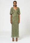 Beauut Embellished Sequin Beaded V Neck With Shor Sleeves Dress In Olive