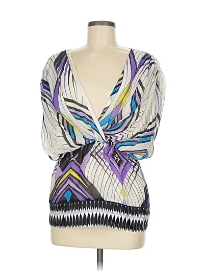 Pre-owned Bebe 3/4 Sleeve Silk Top Purple Print Pattern V-neck Tops