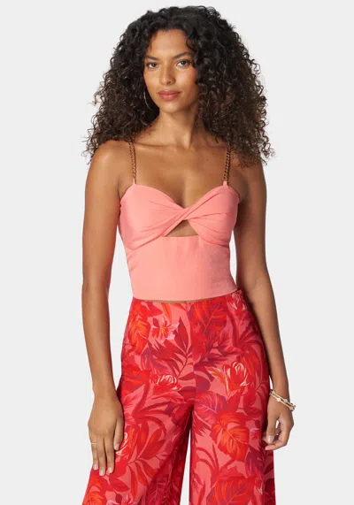Bebe Adjustable Chain Strap Twisted Front Top In Georgia Peach