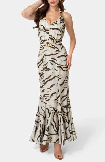Bebe Animal Stripe Halter Maxi Dress In Multi