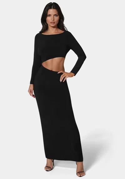 Bebe Asymmetric Cut Out Long Sleeve Maxi Dress In Black