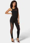 Bebe Asymmetric Neckline Mesh Insert Catsuit In Black