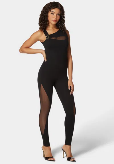 Bebe Asymmetric Neckline Mesh Insert Catsuit In Black