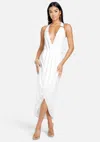 Bebe Asymmetrical Halter Neck Slinky Dress In Egret