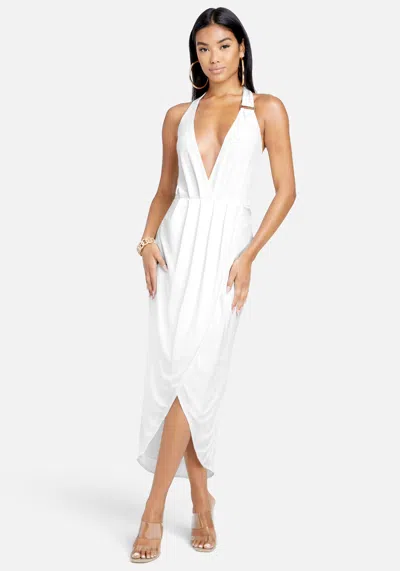 Bebe Asymmetrical Halter Neck Slinky Dress In Egret