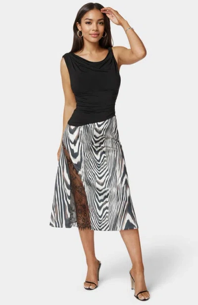 Bebe Asymmetrical Lace Insert Satin Skirt In Black