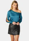 Bebe Asymmetrical Long Sleeve Slit Detail Satin Blouse In Deep Lagoon