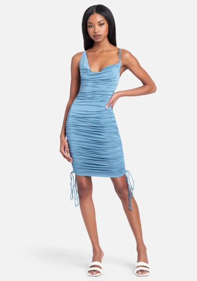 Bebe Asymmetrical Ruched Tie Hem Dress In Quiet Harbor