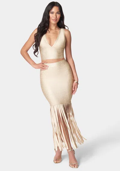 Bebe Bandage Foil Two Piece Fringe Set In Champagne