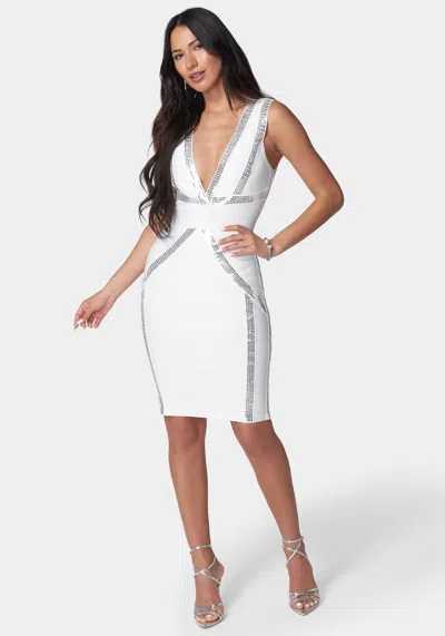 Bebe Bandage Metallic Midi Dress In Ivory,silver