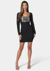 Shop Bebe Beaded Bodice Mini Dress In Black,silver