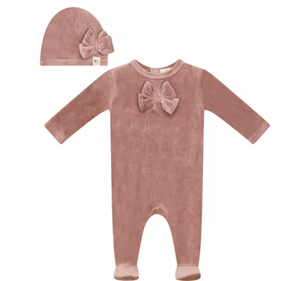 Bebe Bella Babies'  Bow Stitch Ribbed Velour Romper With Matching Hat In Pink
