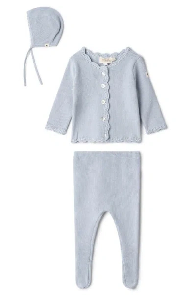 Bebe Bella Babies'  Boy Crochet Trim 3 Piece Knit Top, Pants And Bonnet Set In Blue