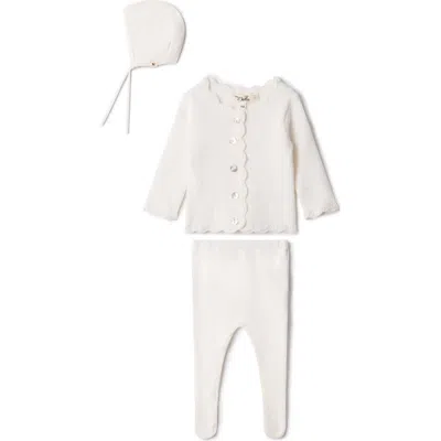 Bebe Bella Babies'  Boy Crochet Trim 3 Piece Knit Top, Pants And Bonnet Set In White