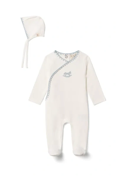 Bebe Bella Babies'  Boy Embroidered Rocking Horse Wrap Romper With Bonnet In White