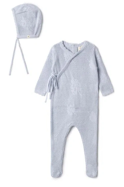 Bebe Bella Babies'  Boy Pointelle Flower Knit Romper With Bonnet In Blue