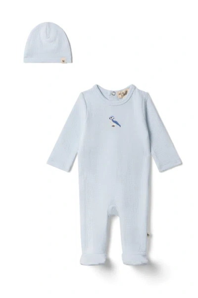Bebe Bella Babies'  Checkered Bird Applique Romper With Hat In Blue