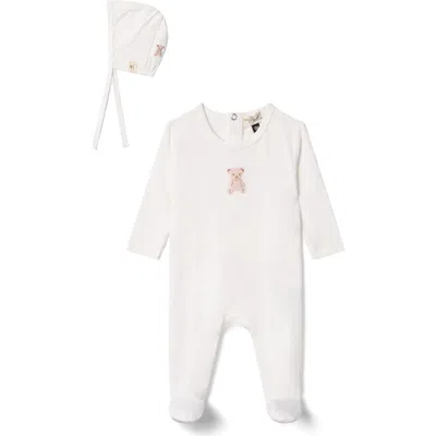 Bebe Bella Babies'  Girl Bear Embroidered Long Sleeve Romper With Matching Bonnet In White