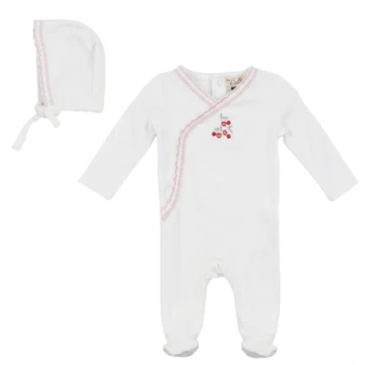 Bebe Bella Babies'  Girl Cherry Embroidered Wrap Romper With Bonnet In White
