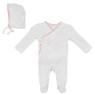 Bebe Bella Babies'  Girl Cherry Rib Faux Wrap Romper With Bonnet In White