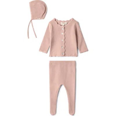 Bebe Bella Babies'  Girl Crochet Trim 3 Piece Knit Top, Pants And Bonnet Set In Pink