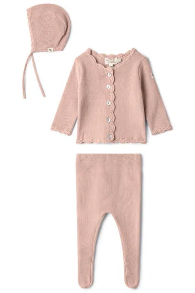 Bebe Bella Babies'  Girl Crochet Trim 3 Piece Knit Top, Pants And Bonnet Set In Pink