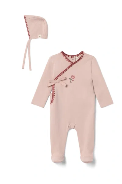 Bebe Bella Babies'  Girl Embroidered Rocking Horse Wrap Romper With Bonnet In Pink