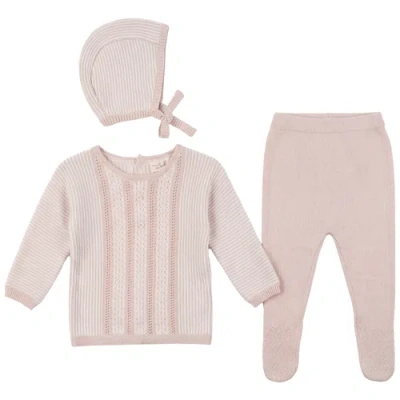 Bebe Bella Kids'  Striped Pointelle Knit Set Long Sleeve Top And Pants With Bonnet In Pink