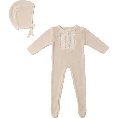 Bebe Bella Kids'  Striped Pointelle Pearl Button Romper With Matching Bonnet In Neutral