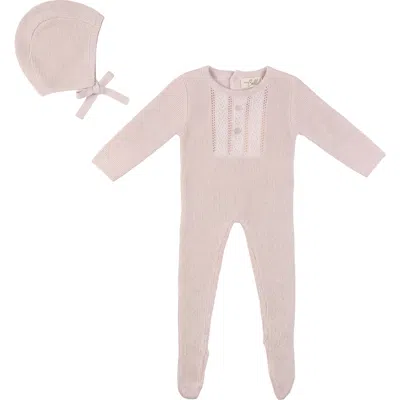Bebe Bella Kids'  Striped Pointelle Pearl Button Romper With Matching Bonnet In Pink