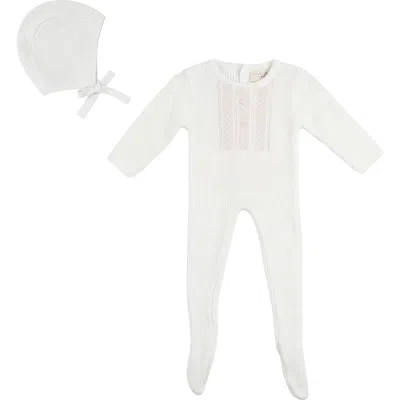 Bebe Bella Kids'  Striped Pointelle Pearl Button Romper With Matching Bonnet In White