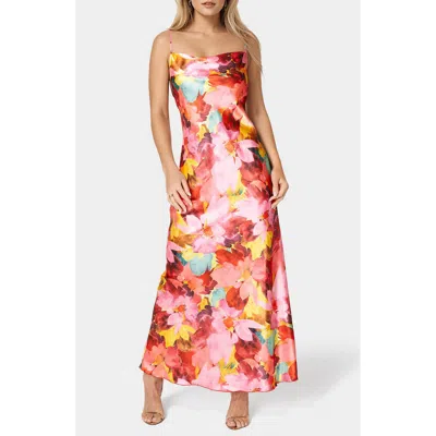 Bebe Bias Cut Satin Maxi Dress In Multi