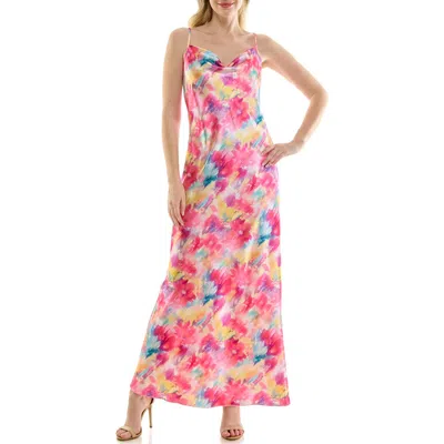 Bebe Bias Cut Satin Maxi Dress In Multi