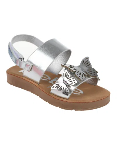 Bebe Kids' Big Girl's Open-toe Metallic Sandal With Butterfly Details Polyurethane/glitter Sandals In Silver