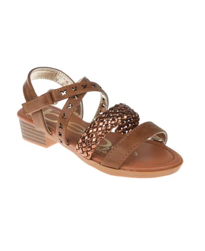 Bebe Kids' Big Girl's Stack Heel Sandal With Metallic Weaved Strap And Butterfly Chop Out Polyurethane Sandals In Brown