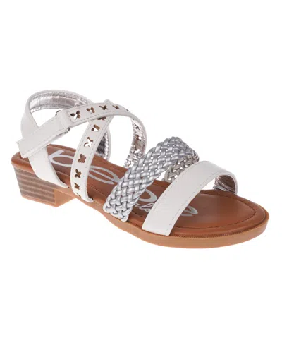 Bebe Kids' Big Girl's Stack Heel Sandal With Metallic Weaved Strap And Butterfly Chop Out Polyurethane Sandals In White