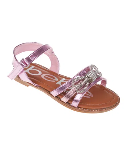 Bebe Kids' Big Girl's Strappy Sandal With Cute Rhinestone Tubular Bow Polyurethane Sandals In Pink Multi