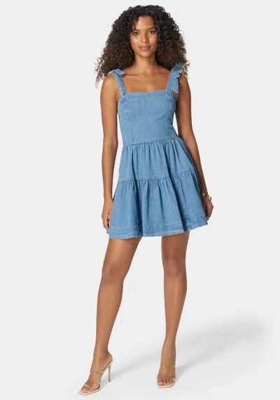 Bebe Bow Detail Fit And Flare Denim Dress In Light Blue Wash