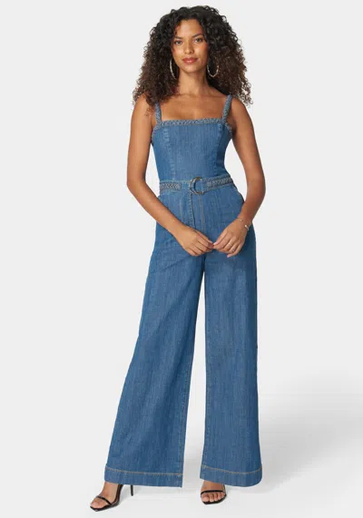 Bebe Braided Detail Ultra Wide Leg Denim Jumpsuit In Medium Blue Wash