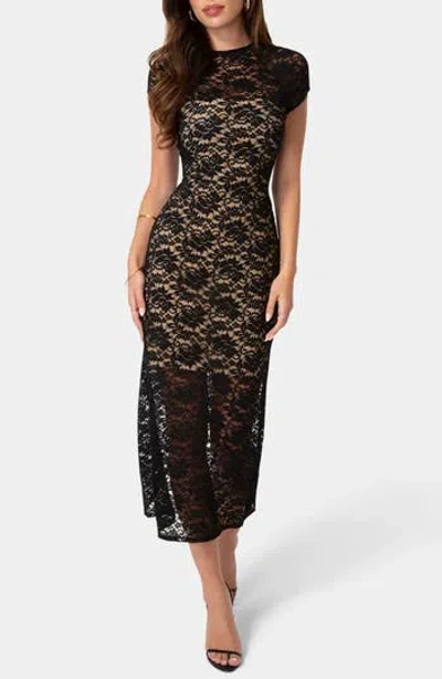 Bebe Cap Sleeve Lace Midi Dress In Black