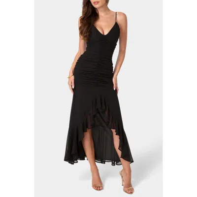Bebe Cascading Ruffle Ruched Chiffon High-low Dress In Black