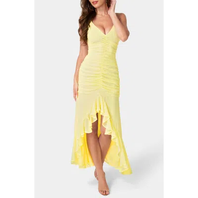 Bebe Cascading Ruffle Ruched Chiffon High-low Dress In Yellow