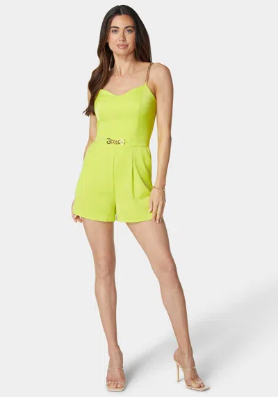 Bebe Chain Link Trim Spaghetti Strap Romper In Cyber Lime